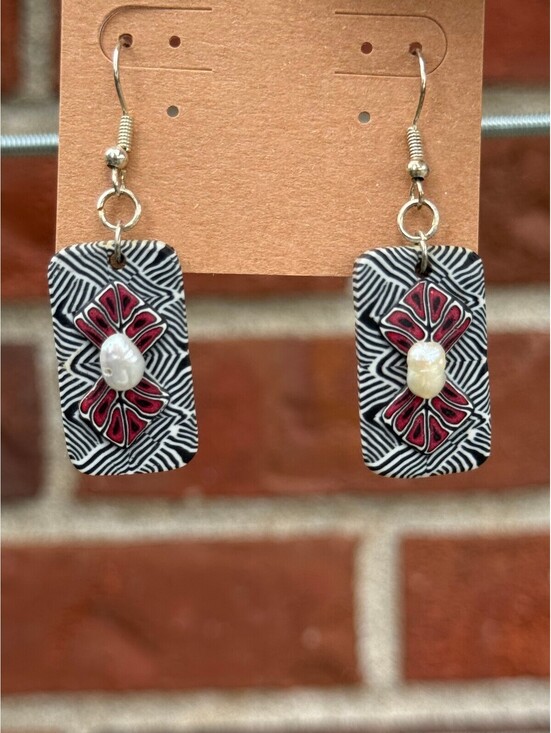 Jewelry - Handmade Polymer Clay Earrings Black Maroon with Pearl Like Bead